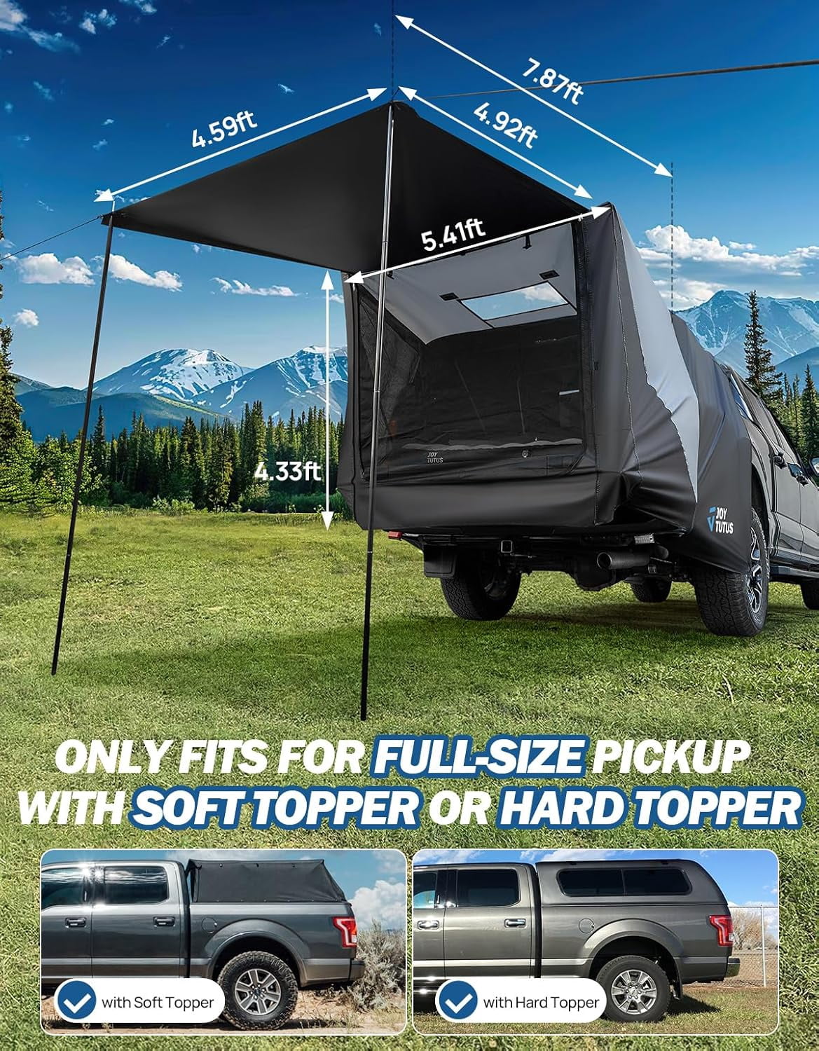JOYTUTUS Truck Tent with Awning, Truck Bed Tailgate Tent Canopy (Only Fits Full-Size Truck with Soft Topper or Camper Shell)