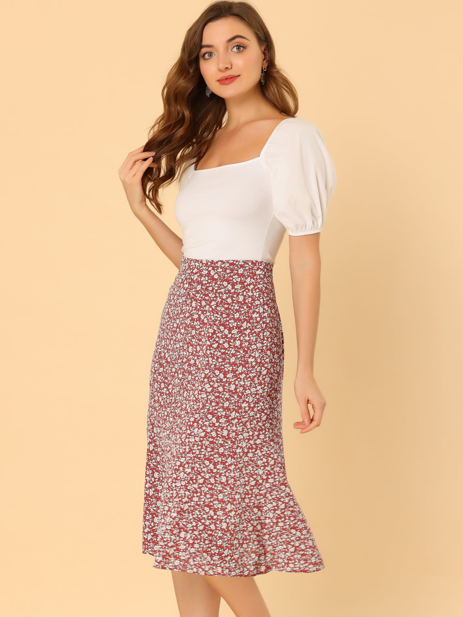 DARING DIVA Women's Elastic Waist A-Line Floral Print Midi Skirt XS Red White