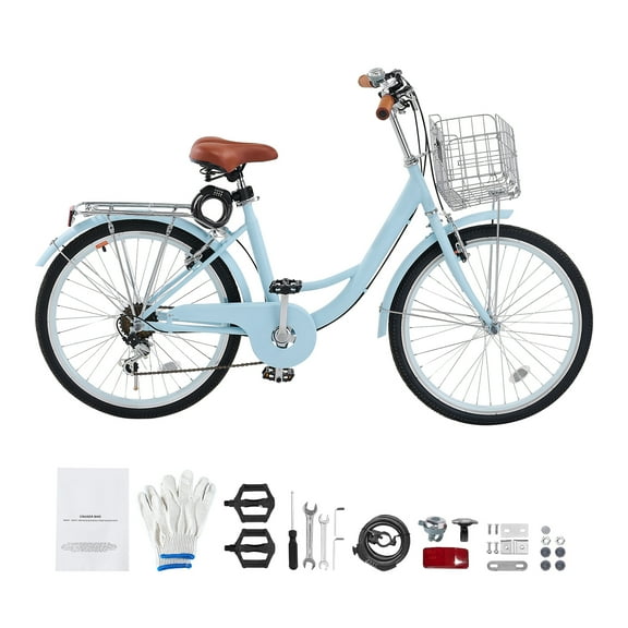 KFFKFF 26" Cruiser Bike, 7-Speed,Pale Blue Coastal Riding Bike with Spacious Basket and Back Stand, Safe & Robust Bicycle with Modifiable Saddle