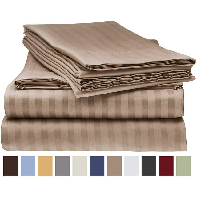 Ensemble de Draps de Lit Deluxe Rayé 1800 Prestige Doux et Confortable, Full Taupe
