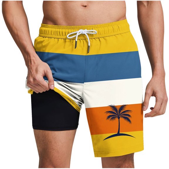 LIBRCLO Mens Swim Trunks with Liner 2 in 1 Quick Dry Bathing Suits Striped Coconut Tree Print Lightweight Breathable Board Shorts Summer Beach Shorts Yellow XL