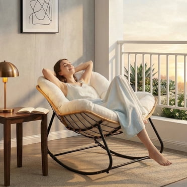 Hoffeorrad Outdoor Rocking Chair, Papasan Egg Style with Thick Cushion, Comfy Patio Lounge Chair for Balcony, Porch and Living Room, 330 lbs Capacity