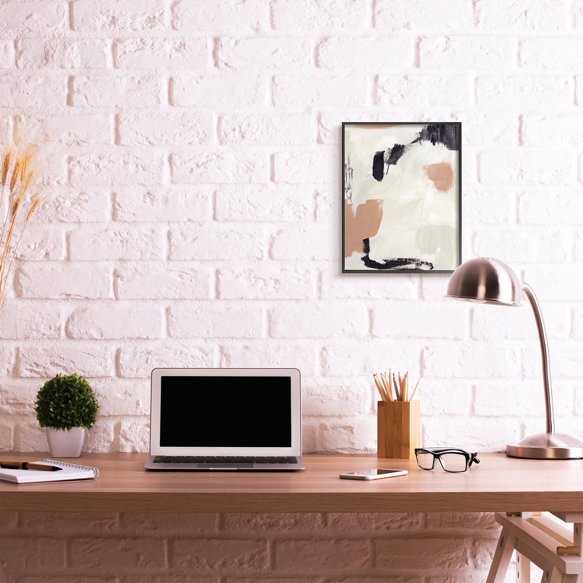 Stupell Industries Expressive Abstract Composition Neutral Beige Black Black Framed, 16 x 20, Design by Victoria Barnes