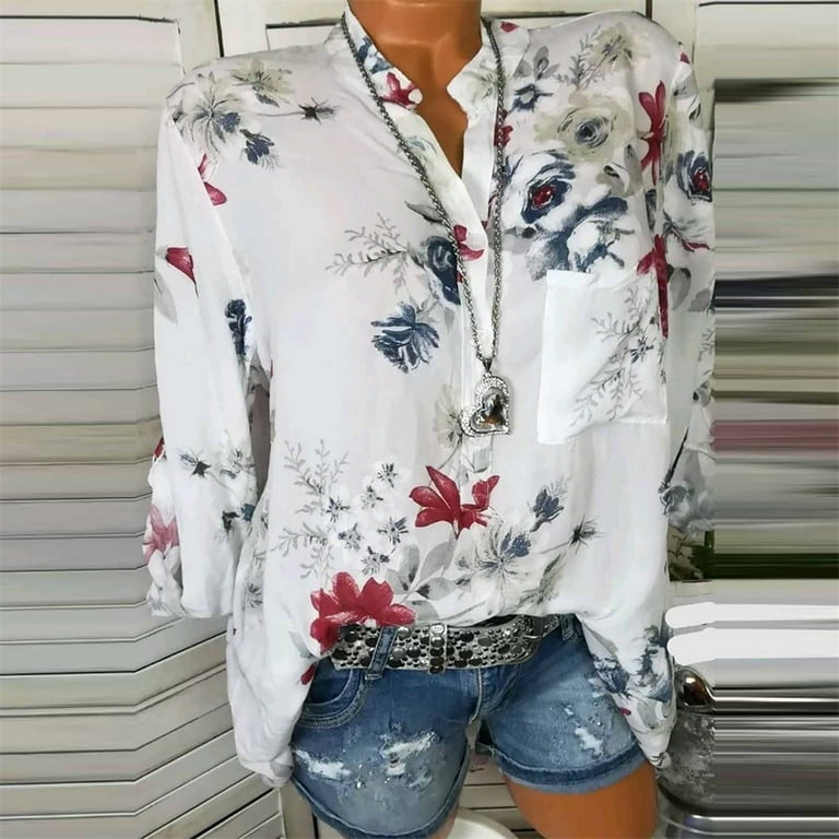 Summer Women Floral Print Long Sleeve Button Down Shirt Tops