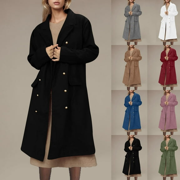kakina CMSX Women's Winter Double Breasted Midi Long Wool Pea Coat,Fashion Casual Classic Long Sleeve Solid Color Lapel Winter Trench Coat Clearance