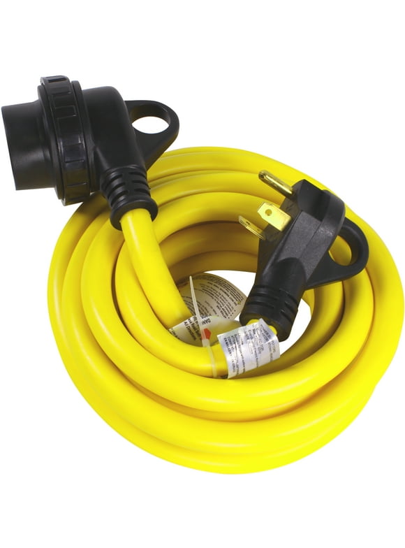 Journeyman-Pro 30A RV Power Extension Cord TT30 Locking Female (Safety Yellow), Black Grip Handle w/Power Indicator - 15, 25, 50 Feet Length 125V - 30 AMP, TT-30P to TT-30R(Twist Lock), (50 Feet) …