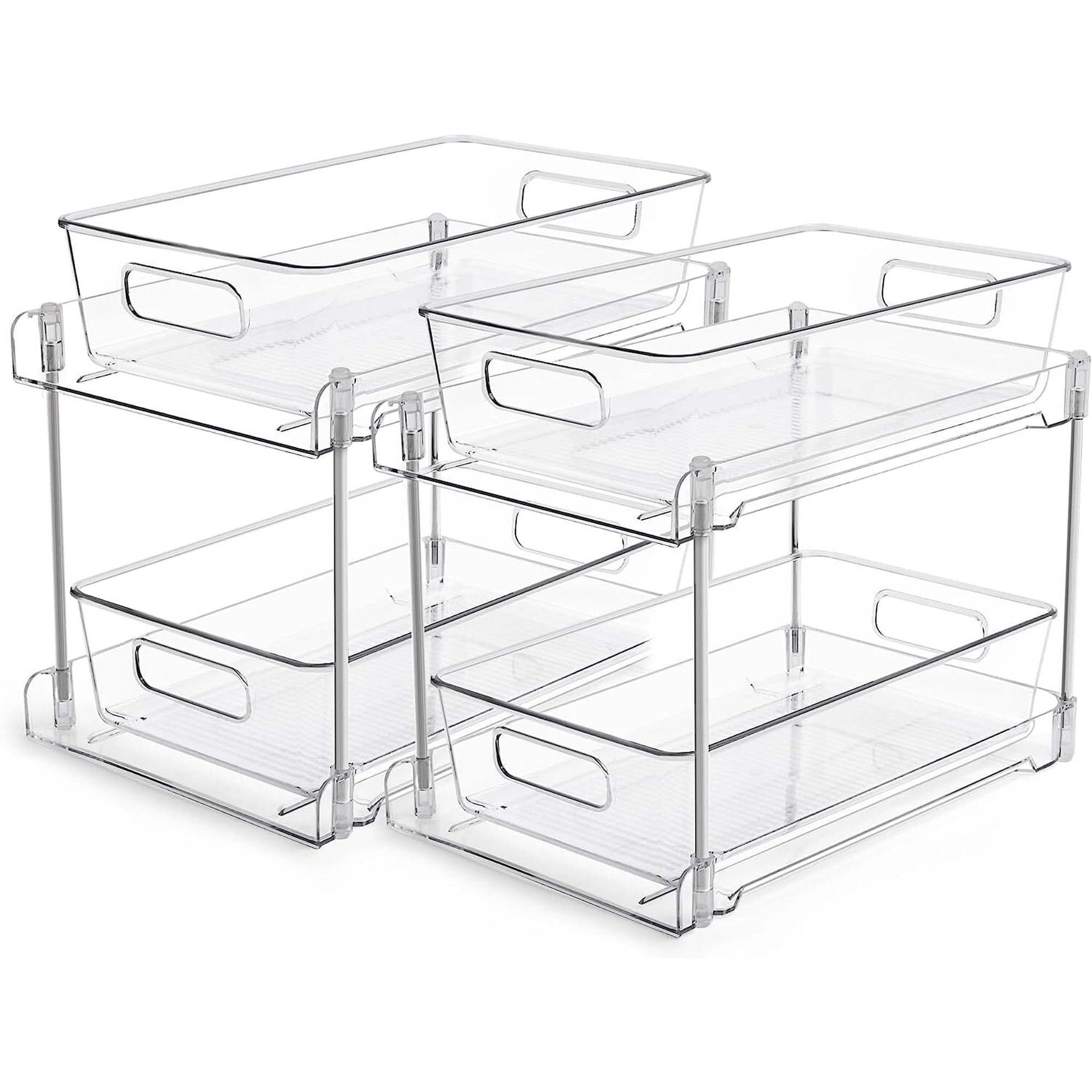 2 Tier Bathroom Storage Organizer, 2 Pack Clear Under Sink Organizers Vanity Counter Storage Container, Sliding Cabinet Organizer, Pull-Out Organization with Track for Pantry, Kitchen