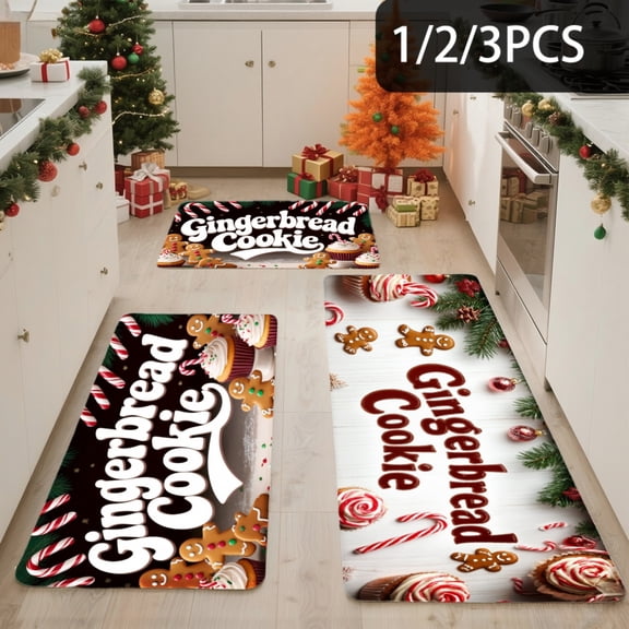 3PCS Kitchen Mat set, Welcome Door Flannel Rug,Home Decor for Front Door,Kitchen, Bathroom, Gingerbread Cookie Candy Cane Christmas Pattern Print ,Great Thanksgiving