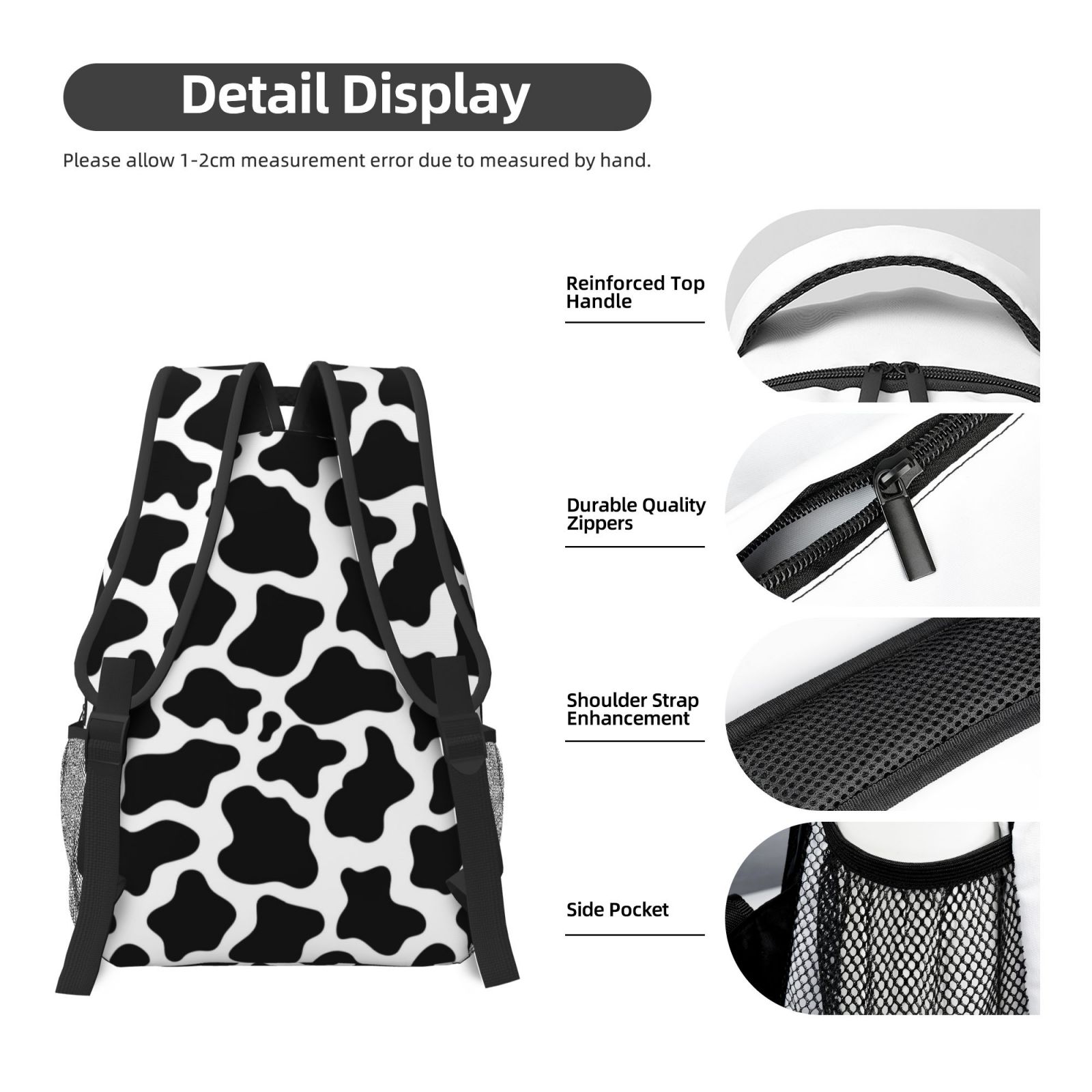 Rateoe Cow Print Black White Pattern Durable Student Backpack Laptop Bag- Ergonomic Design, Waterproof Twill Fabric - Ideal for School, Travel, and Outdoor Activities