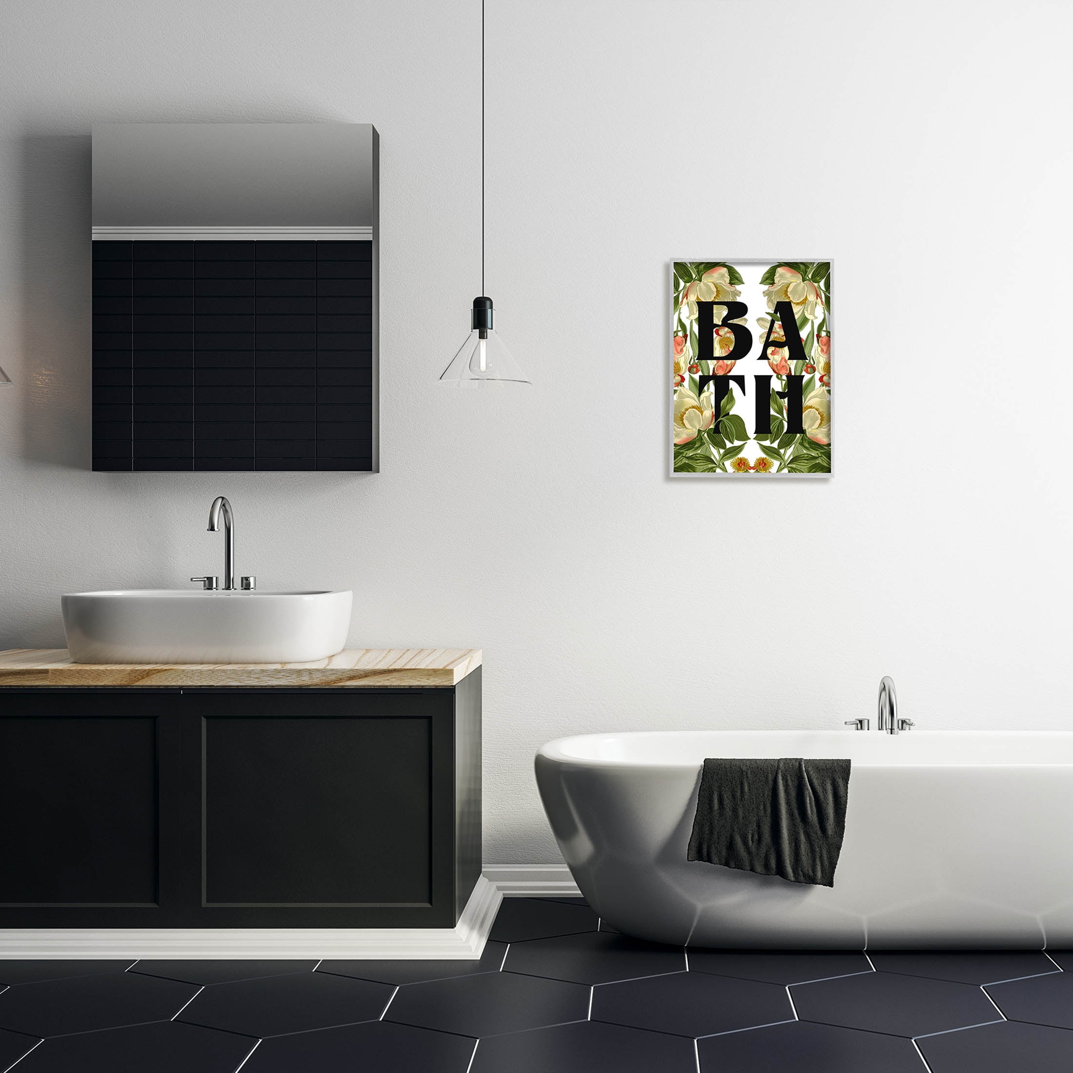 Vintage Bath Flower Blooms Botanical & Floral Graphic Art Gray Framed Art Print Wall Art