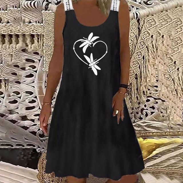 HKEJIAOI Robe en Dentelle pour Femmes Robe d'Anniversaire Mode Femmes Décontractée Aguichant Col Rond Imprimé Dentelle Sans Manches Mini Robe Noire Rabais Liquidation