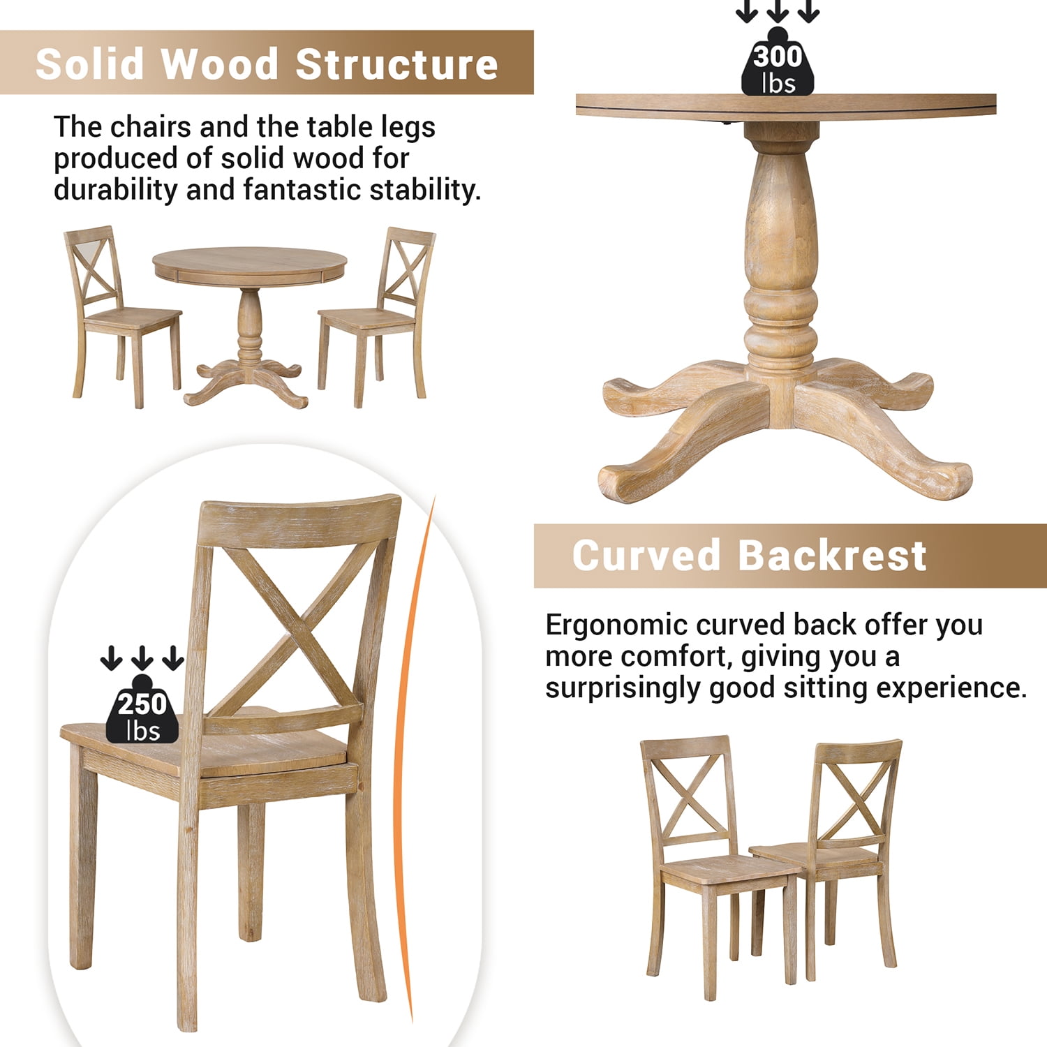 Kadyn 5 Piece Kitchen Dining Table and Chair Set, Dining Table Set for 4, Round Table and 4 Kitchen Room Chairs, Natural Wood Wash