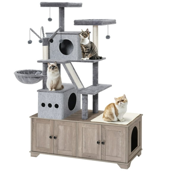 HOOBRO Double Litter Box Enclosure with Cat Tree, 45.3" L x 17.7" W x 68.9" H All-in-One Modern Cat Tower with Bed, Hidden Litter Box Enclosure Furniture, with Hammock, Sisal Posts, Greige BG22MZ03