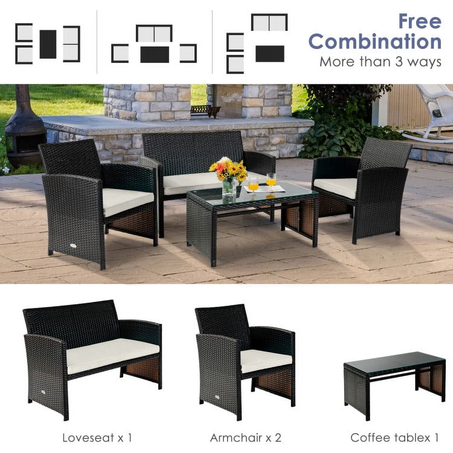Aimee Lii 4 Pieces Wicker Patio Furniture Set, Coffee Table Cushioned Sofa, Modern Patio Furniture, White Aimee Lii 4 Pieces Wicker Patio Furniture Set, Coffee Table Cushioned Sofa, Modern Patio Furniture, White