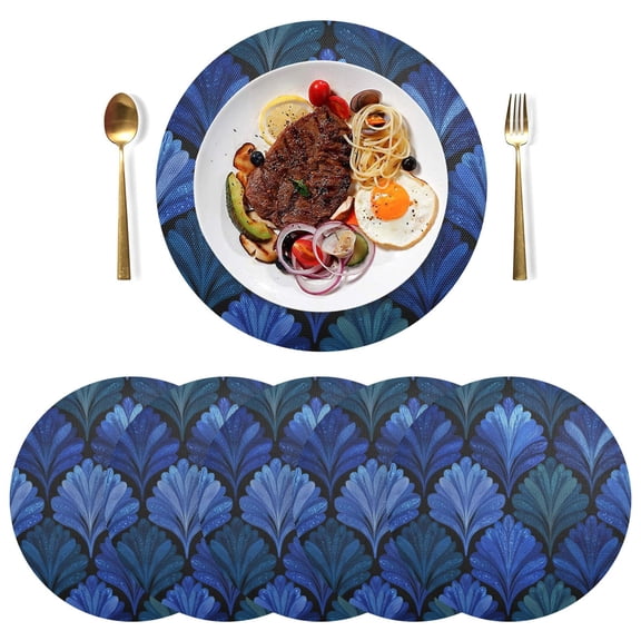 15 Inch Round Grid Plate Mats Heat Non-Slip Resistant PVC Placemats for Kitchen Dining Table Decor Blue Batik Leaves Pattern 1PCS