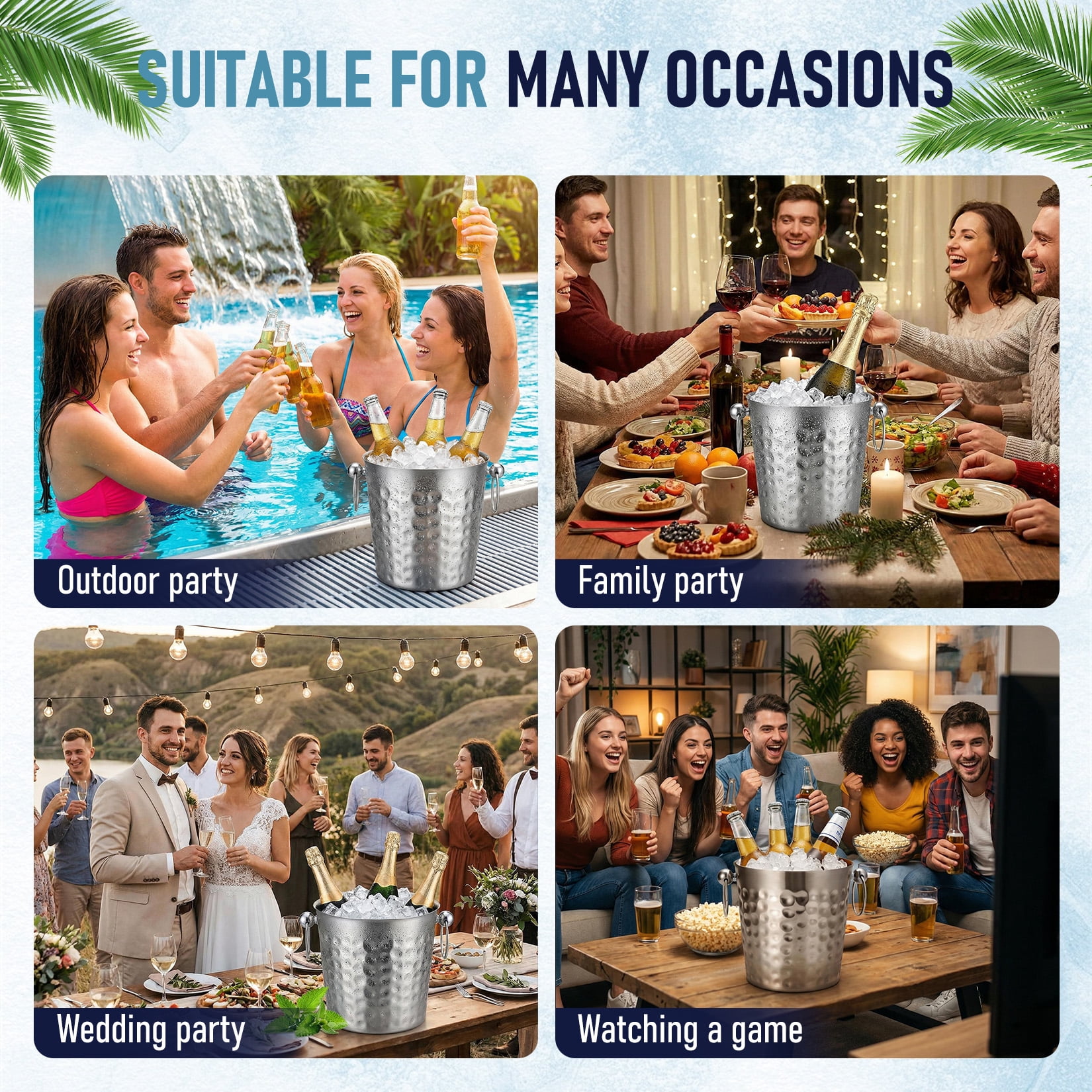 102oz Hammered Stainless Steel Ice Bucket with Scoop, Double Handle Metal Wine & Champagne Chiller, Non-Slip Beverage Cooler for Bar, Party & Home (7.5" x 7.5" x 7.3")