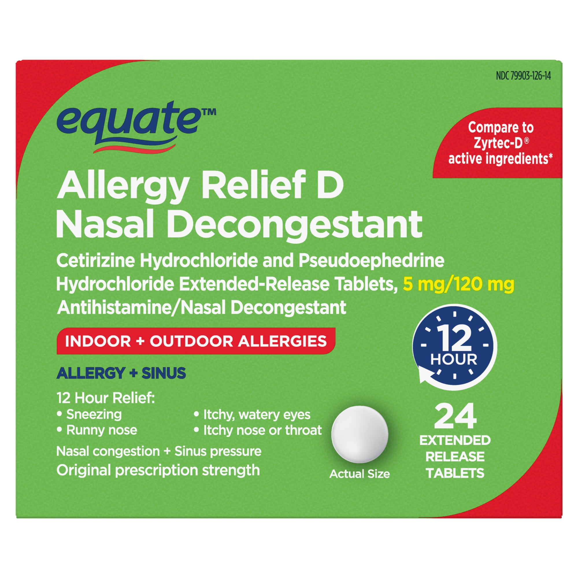 Equate Allergy Relief D Nasal Decongestant, 12 Hour Extended Release Tablets