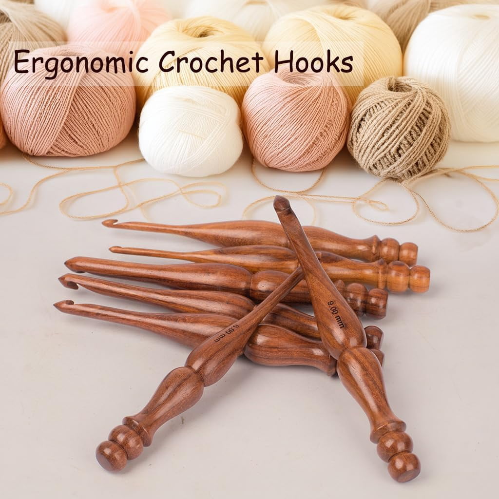 Wooden Crochet Hook Set of 7 (4mm–10mm) – Ergonomic Soft Grip Handles, Smooth Yarn Hooks for Arthritic Hands Beginner-Friendly Gift