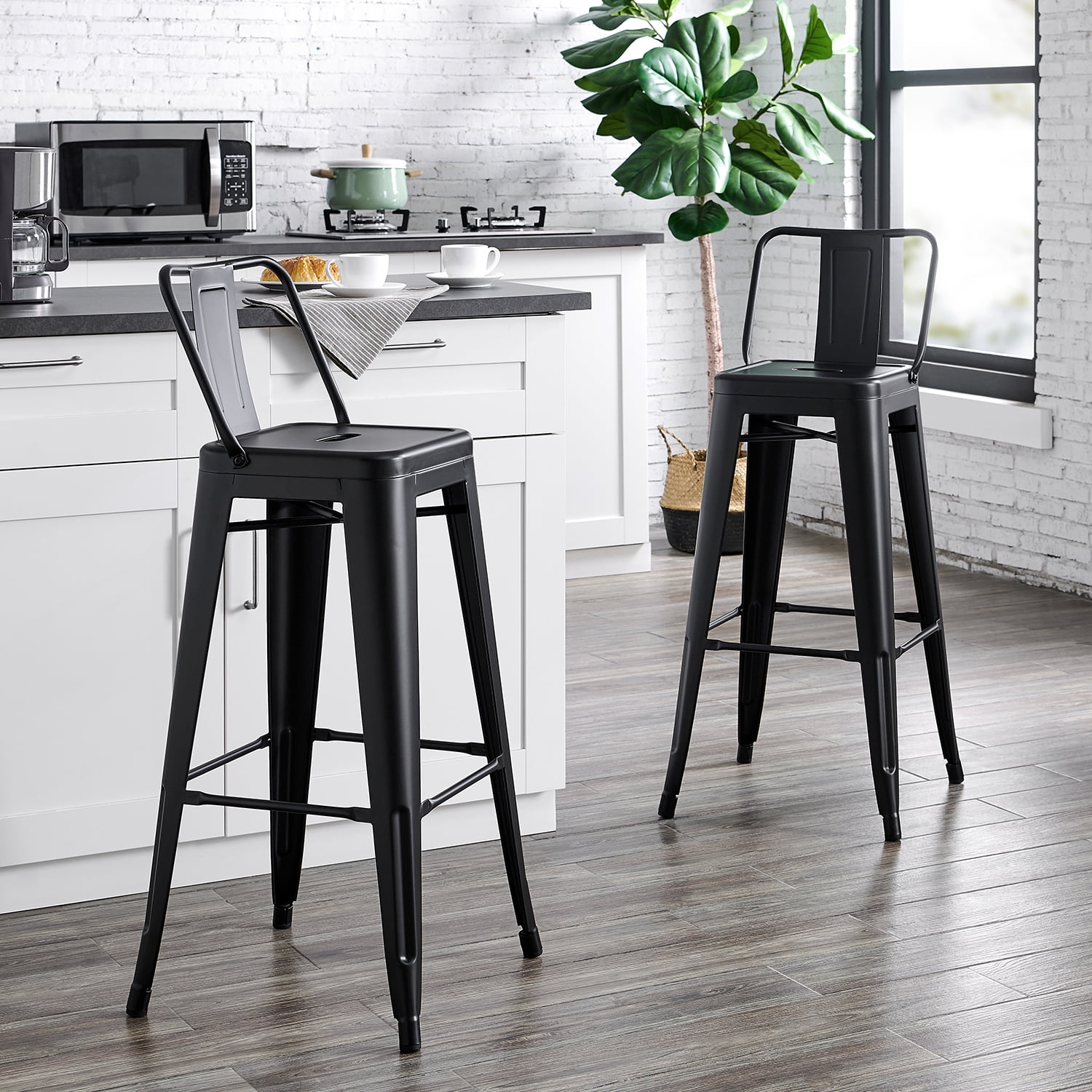 30" Matte Black Industrial Contemporary Rustic Metal Barstools with Bucket Back, Set of 4