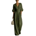 thumbnail image 2 of Women's Light Blue V-Neck Wide-Leg Jumpsuit, Batwing Sleeve Ruched Waist Maxi Jumpsuit Green 2XL, 2 of 3