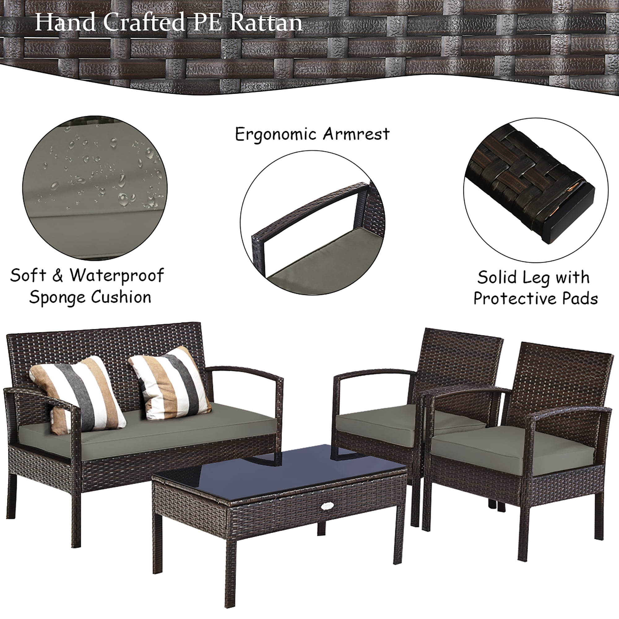 Costway 4PCS Patio Rattan Wicker Furniture Set Loveseat Sofa Cushioned Garden Yard Brown