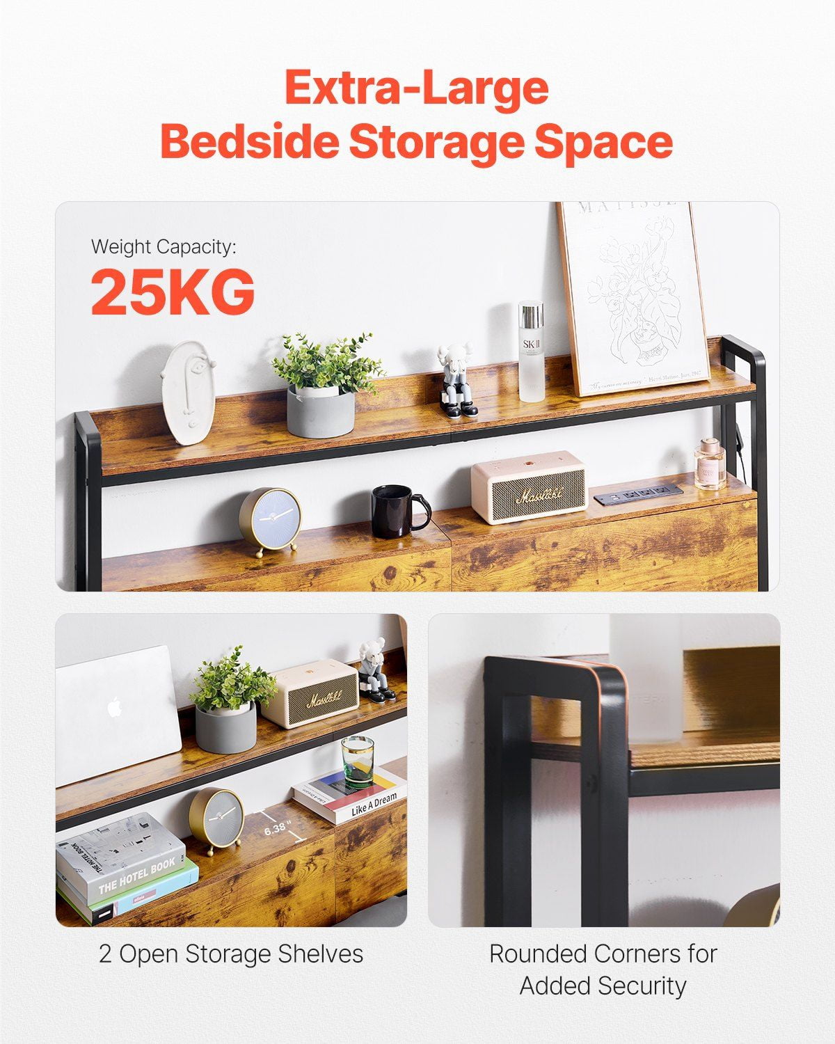 Freestanding Full Size Headboard with Adjustable Height, 2 Storage Shelves, USB Charging Station and LED Light, Easy to Assemble, Brown