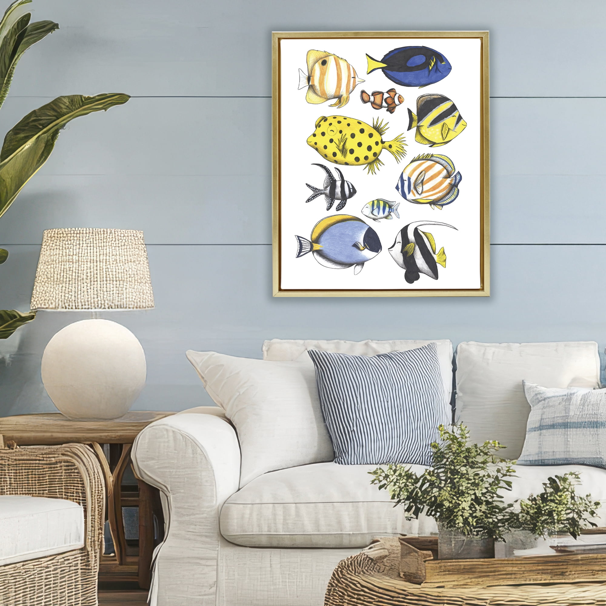 Stupell Industries Aquatic Fishes Collection Gold Framed Floater Canvas Wall Art, design by Cecilia Battaini