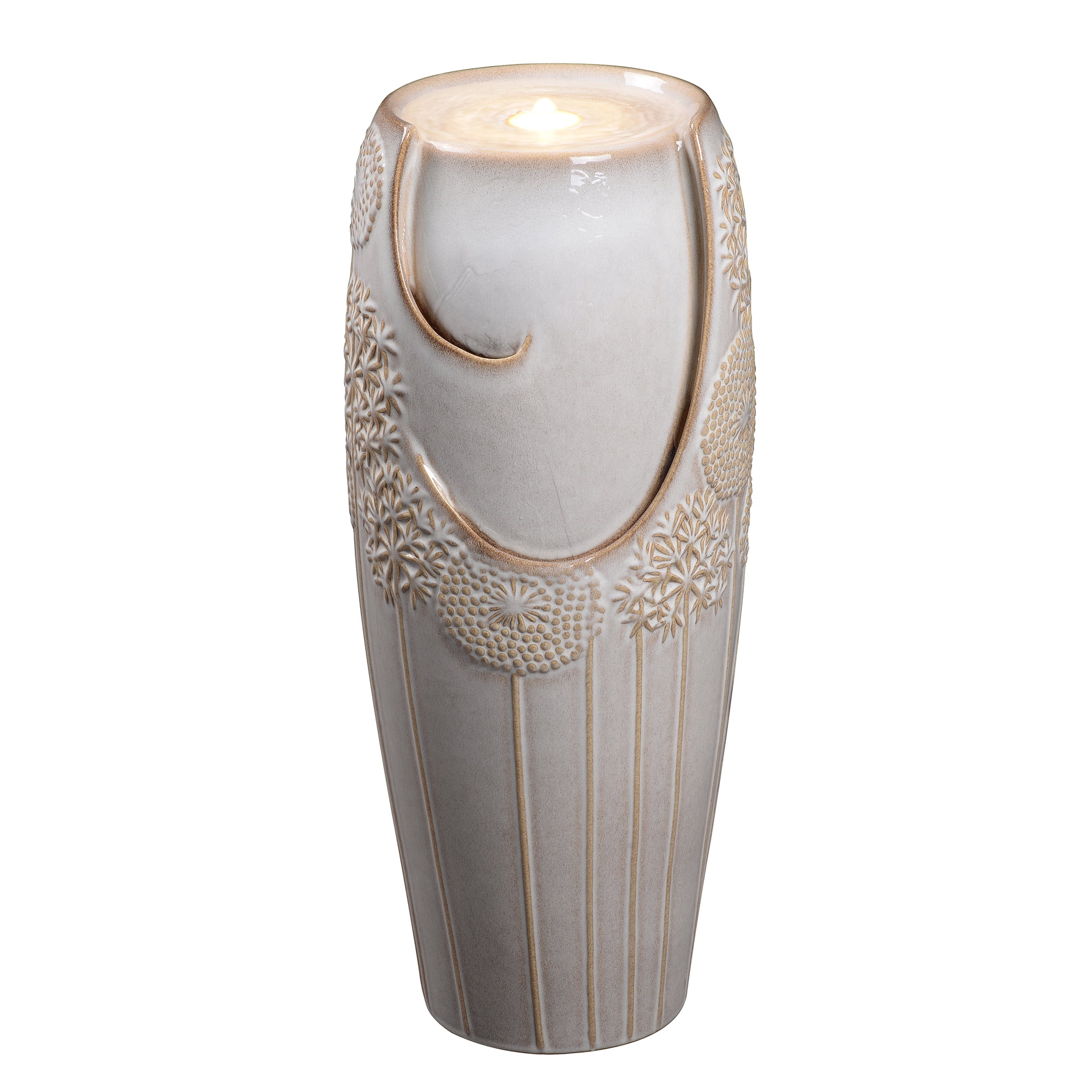 Tall Ivory Ceramic Floral Cascade Fountain, Decorative Water Fountain with LED Lights and Quiet Pump, Indoor Outdoor Water Feature for Patio, Garden, Deck, Balcony, Office and Home Décor