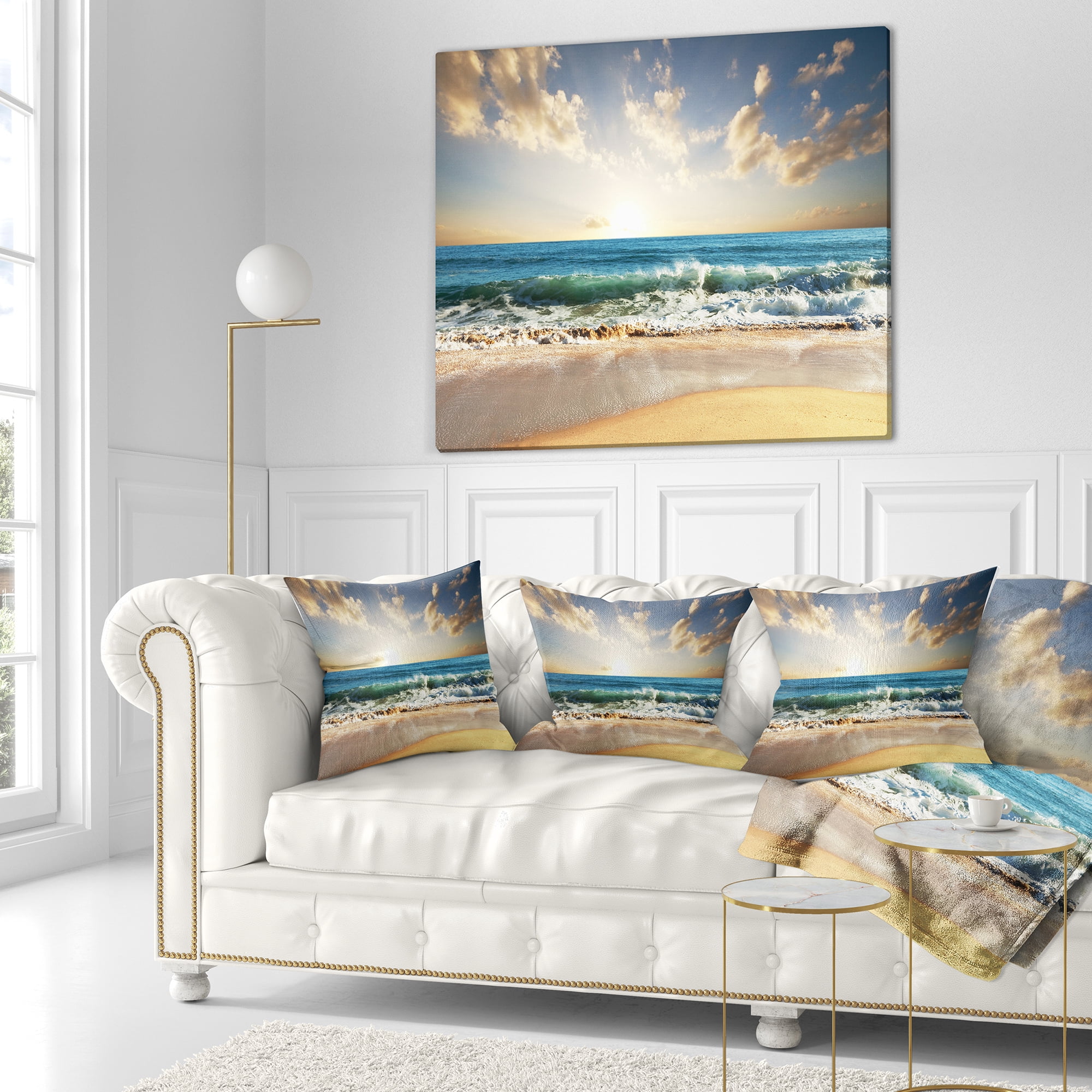 Designart Cloudy Sky and Vibrant Blue Sea - Seascape Throw Pillow - 16x16