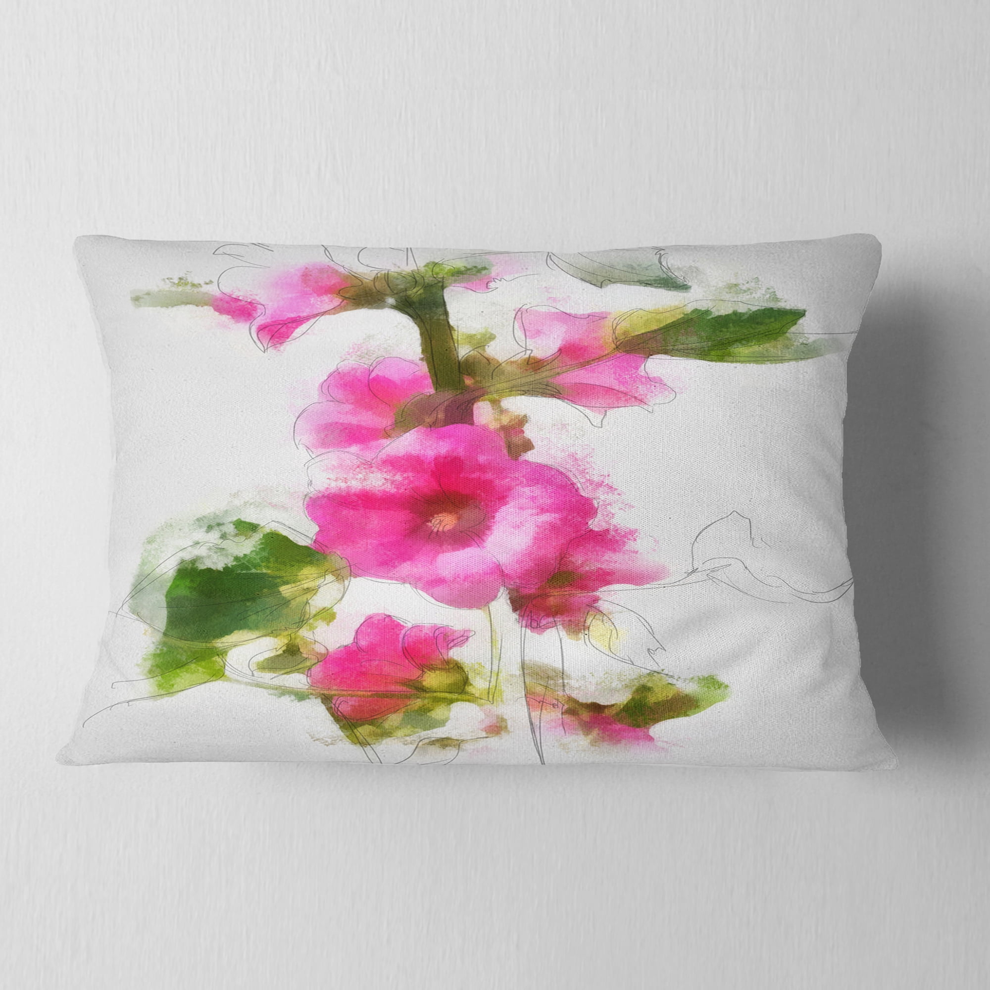 Designart Pink Flower with Stem and Leaves - Floral Throw Pillow - 12x20