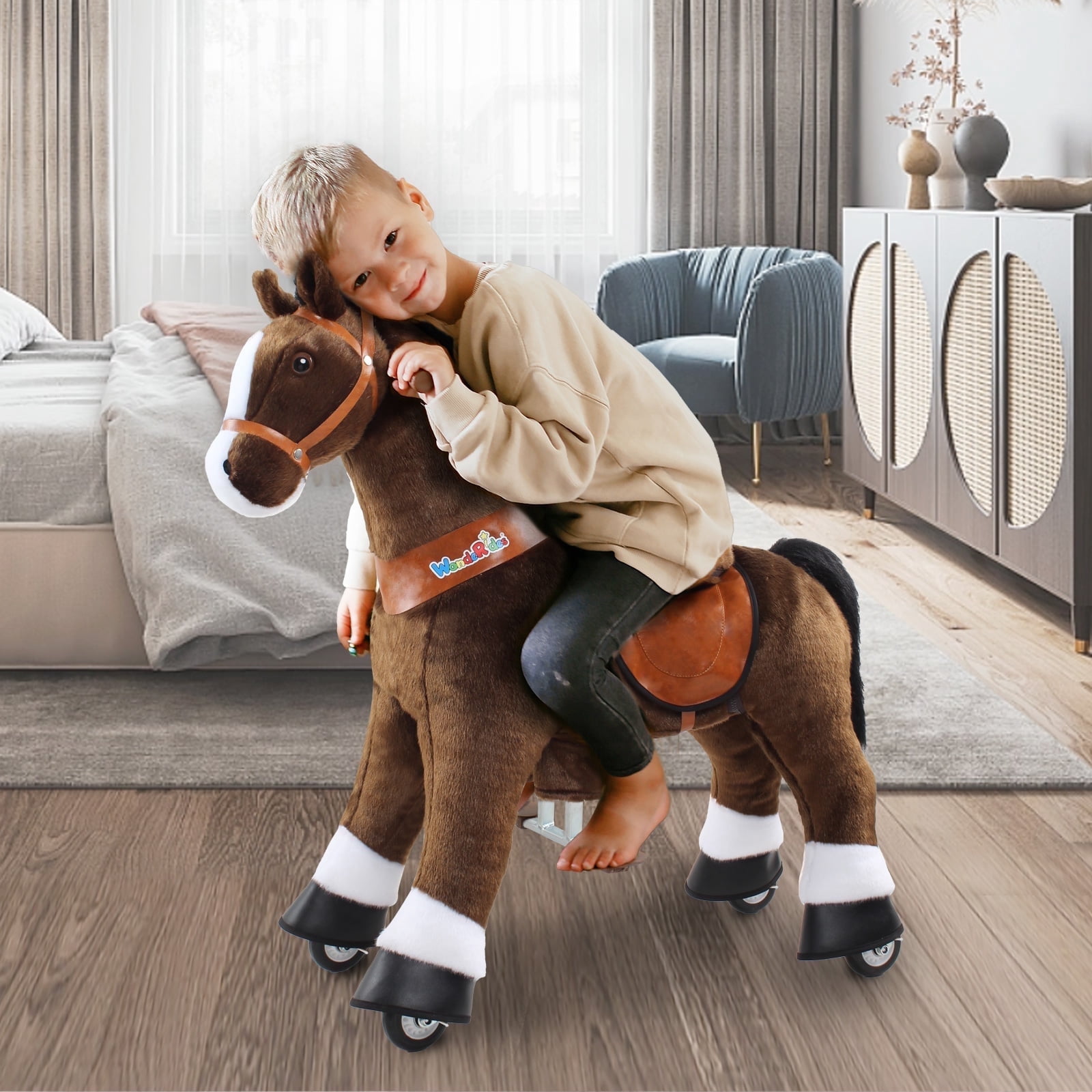 WondeRides Ride on Rocking Horse Boys Toy Chocolate, Plush Walking Animal Ride on Pony Cycle Mechanical Riding Horse for Kids Age 3-5
