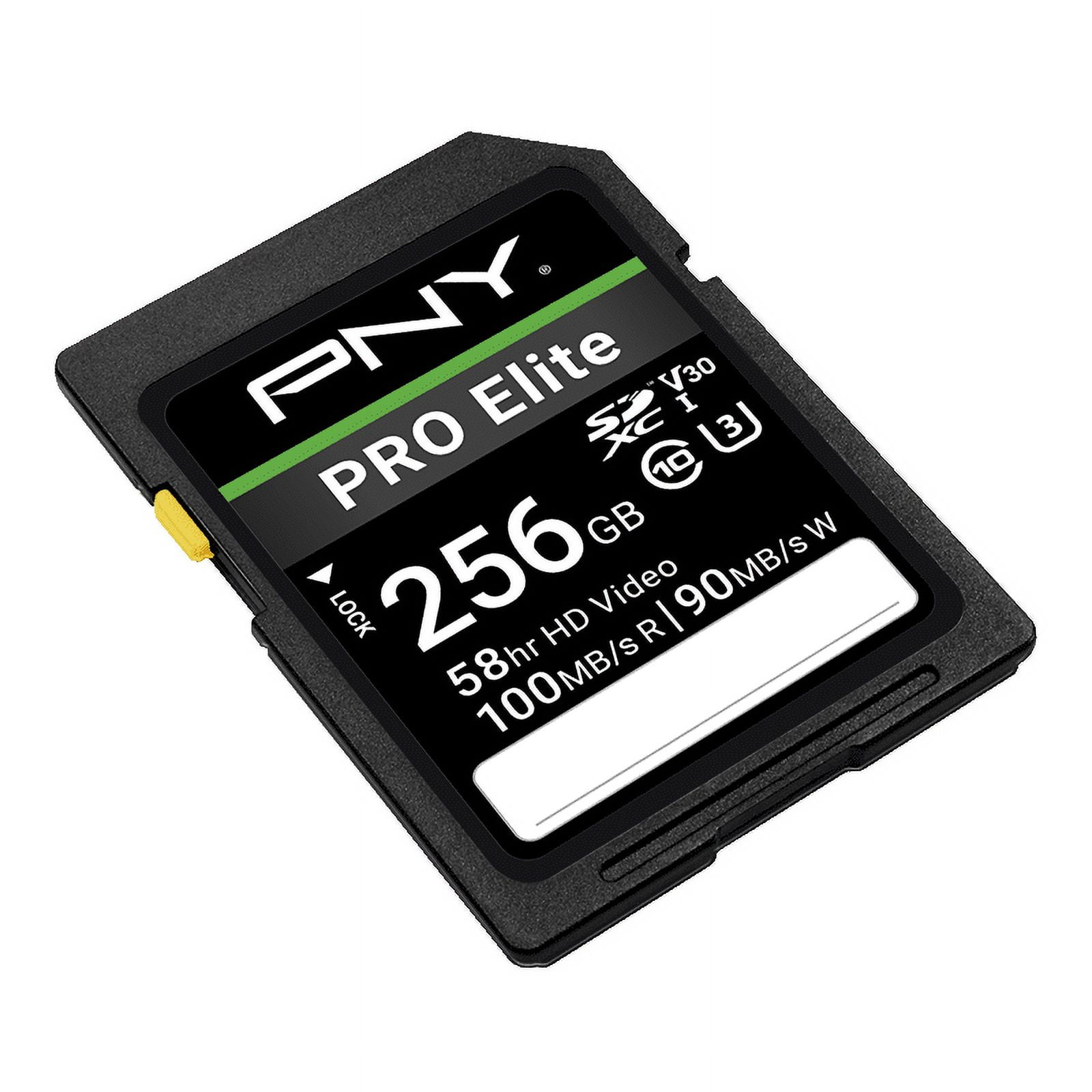 PNY 256GB PRO Elite Class 10 U3 V30 SDXC Flash Memory Card - 100MB/s, 4K UHD, Full HD, UHS-I, Full Size SD