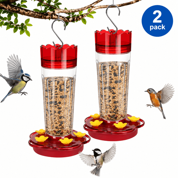 2 Pack Hummingbird Feeder, Hummingbird Feeders for Outdoors, Birdfeeders Outside Hanging, Yard Decorations Outdoor, 15oz Leak-Proof Red Hummingbird Feeder with Ant Moat & Feeding Ports