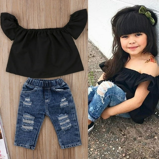 2Pcs Toddler Kids Baby Girls Off Shoulder Tops + Denim Pants Outfits Set Clothes 0-4Years