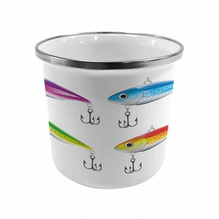 Fishing Steel Camping Mug Composition of Fishing Lures in Trout Shape Trap for Sea Mammals Creatures Picture Printed Thermal Cup for Camping and Outdoor Activities by Ambesonne