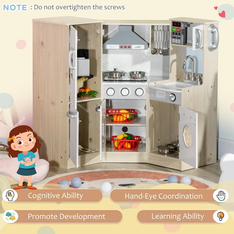Qaba Kids Play Kitchen Set Pretend Wooden Cooking Toy Set With