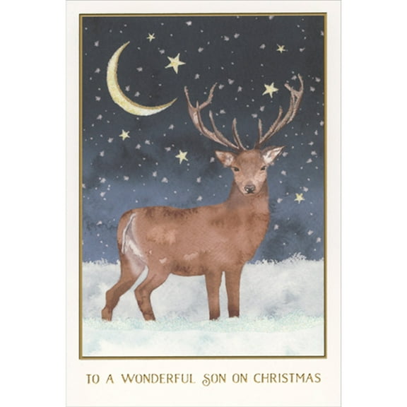 Pictura Single Deer Standing in Snow, Starry Sky and Crescent Moon Christmas Card for Son