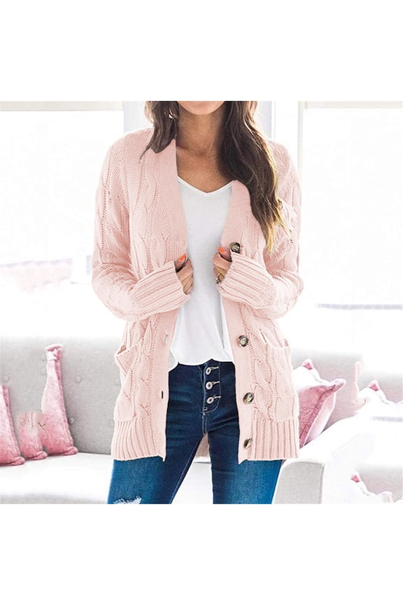 Women's Long Sleeve Button Down Cable Knit Chunky Cardigan Sweaters with Pockets Casual Open Front Lightweight Cardigan Sweaters Outerwear Coats
