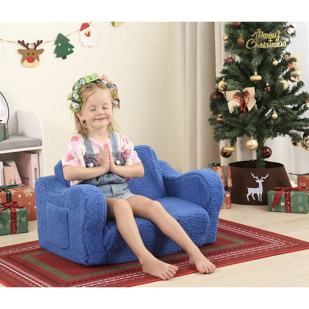 Sillas para niños MOMCAYWEX, sofá sherpa suave 2 en 1 para niños pequeños, azul cielo