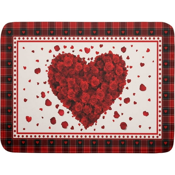 Love Heart Dish Drying Mat 18x24 inch Valentines Day Red Rose Flowers Dish Drainer Mats Red Black Buffalo Plaids Absorbent Dish Drying Pad for Kitchen Countertop Wedding Large Decor