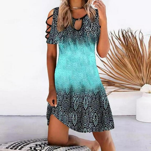 OKBOP Linen Dress Women Casual Slimming Draw Back Printed Short Sleeves Cold Shoulder Dress Sun Dress Dress Blue L 8