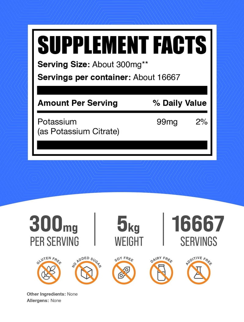 BulkSupplements Potassium Citrate Powder - Gluten Free, 300mg per Serving, 5kg (11 lbs)