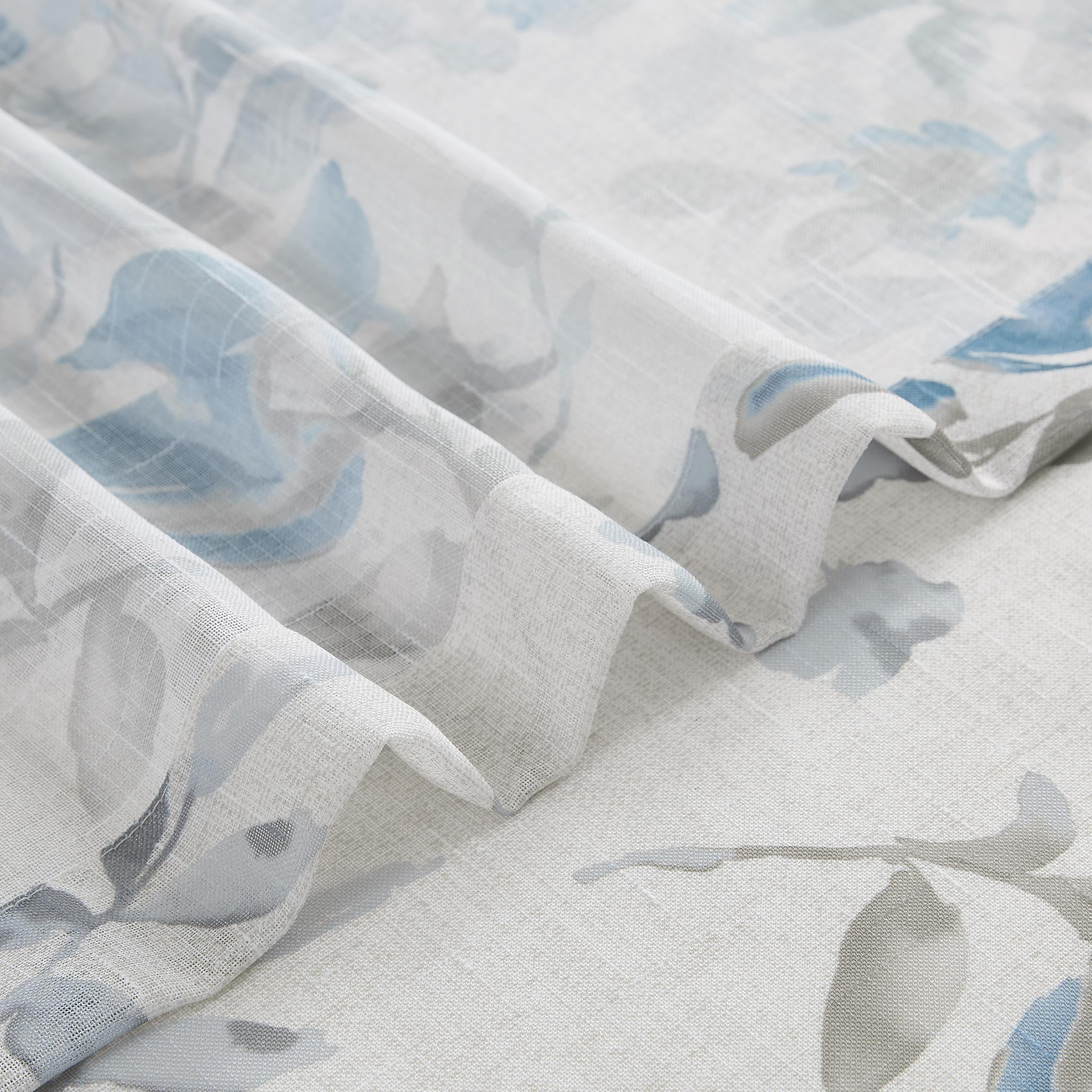 AZZCIA Sheer Curtains 52"x84", Blue Grey Botanical Leaf Print Linen Texture Grommet Drapes for Bedroom