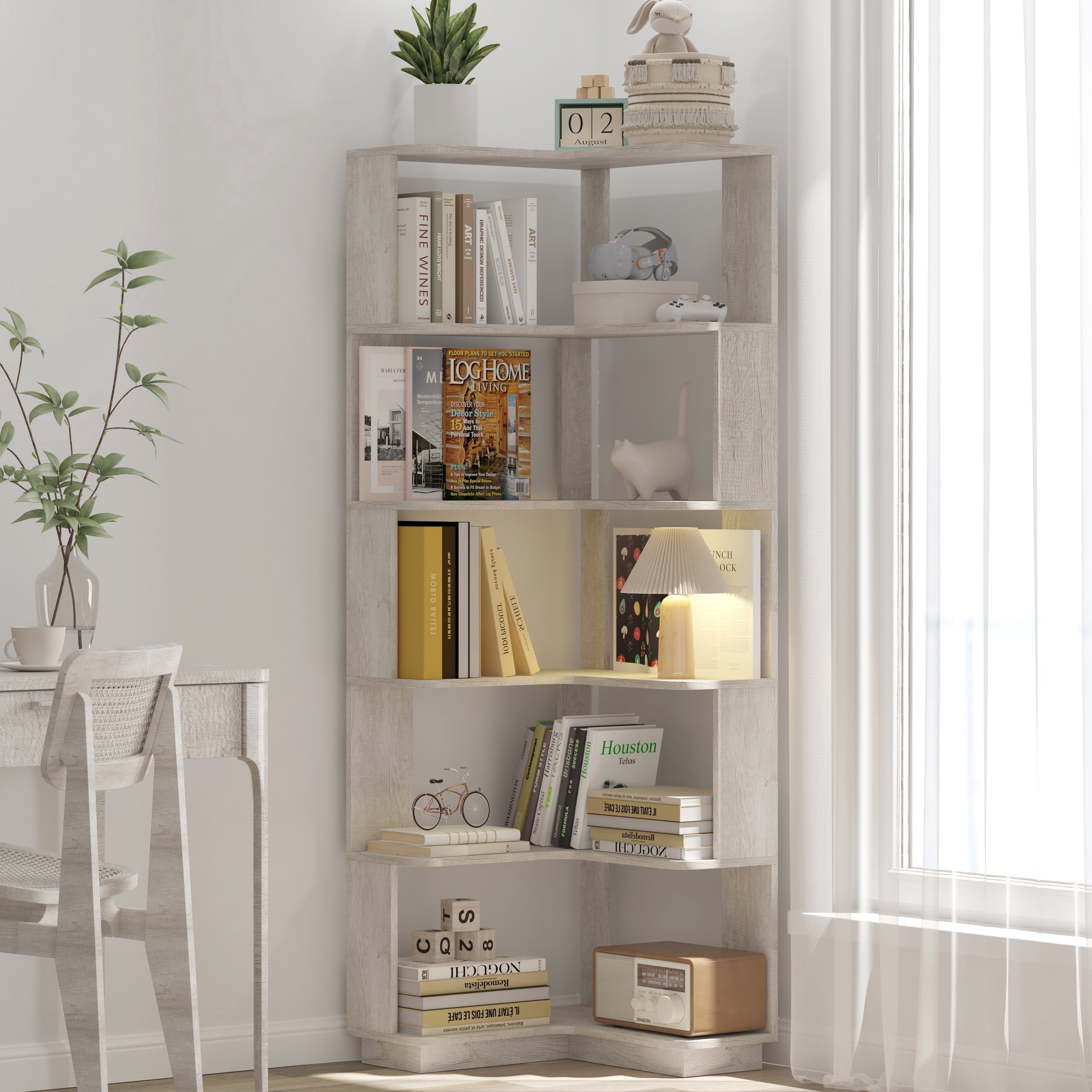 6 Tier Freestanding L-Shaped Corner Bookshelf For Living Room, Bedroom, Wood Bookcase With Anti-Drop Panle And Anti Tipping Device, Display Shelf Open Storage Rack Organizer For Home Office