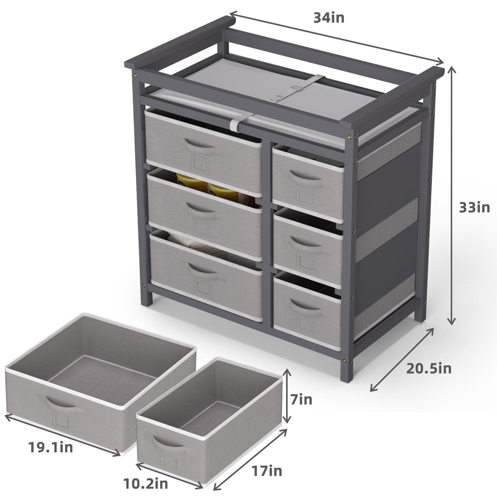 KORIMEFA Baby Changing Table with Laundry Hamper, 6 Storage Drawers and Pad, Changing Table Dresser, Baby Diaper Change Station, Gray