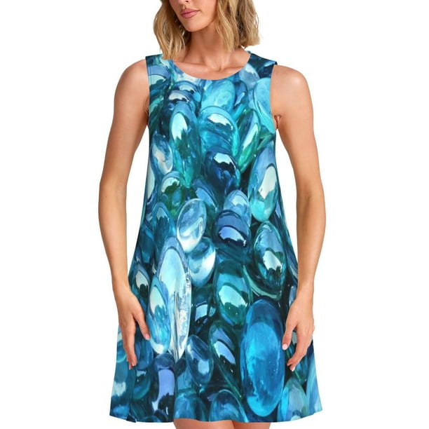 Fotbe Blue Kyanite Vestido de Verano sin Mangas para Mujer – Vestido Midi Línea A, Estilo Camiseta Floral, Vestido Playero Casual y Fluido