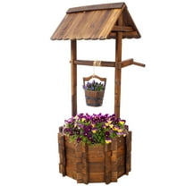 Rustic Wooden Garden Wishing Well Planter "Vintage Brown" Double Bucket Rope Planter Outdoor Home Décor Patio & Yard Oasis