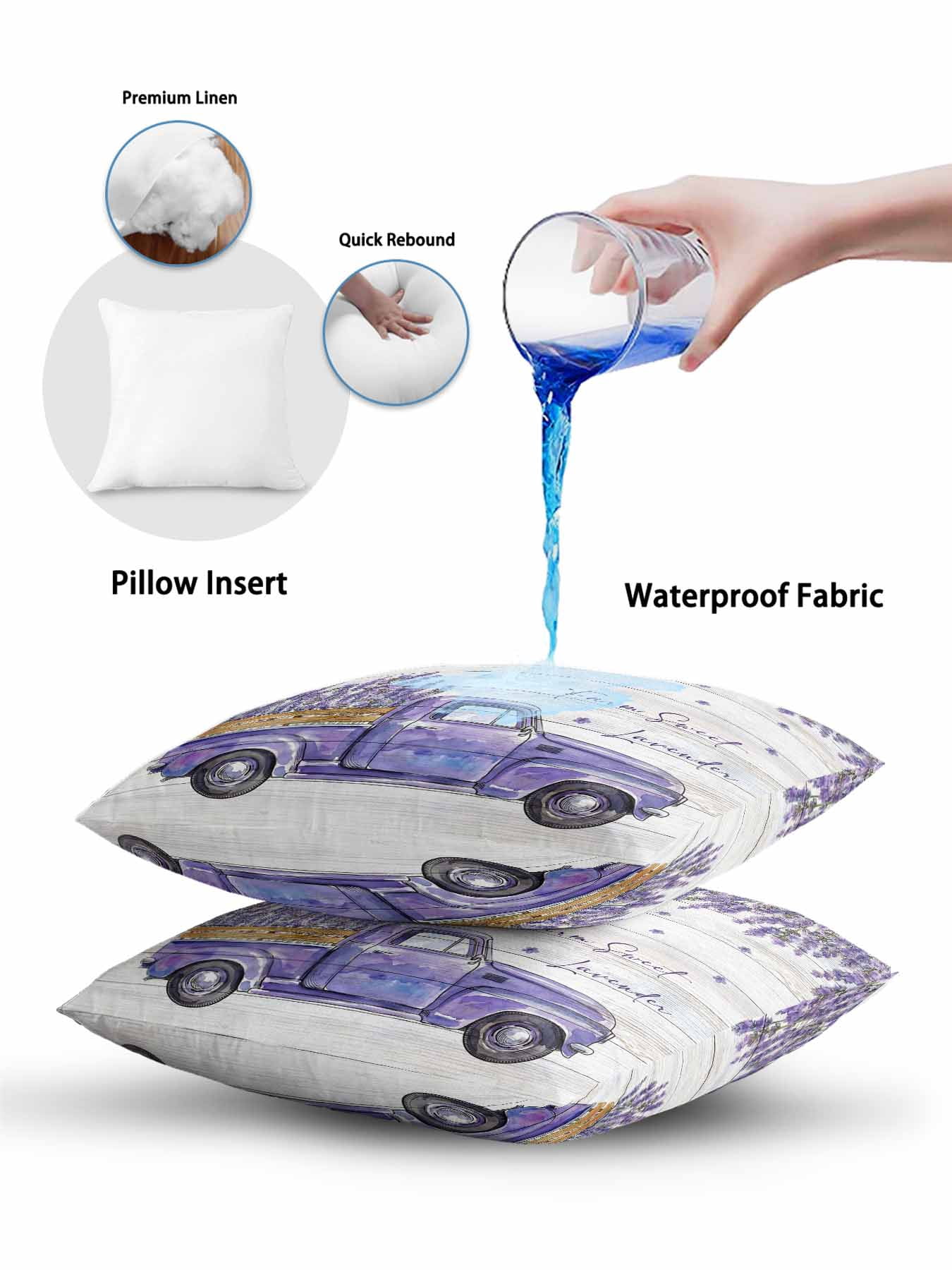 1 Pack Outdoor Throw Pillow, Purple Floral Waterproof Pillow with Insert Included, Spring Farmhouse Lavender Truck Wooden Gray Decorative Accent Cushion Lumbar Pillows for Patio Porch, 12 x 20 In