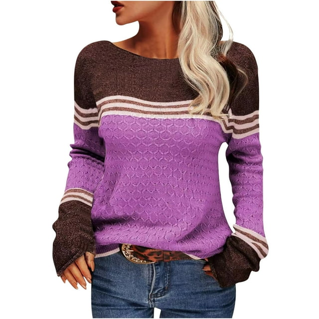 EGNMCR Chandail à Col Rond pour Femme, Chandail à Rayures à Agencement de Couleurs, Chandail pour Femme