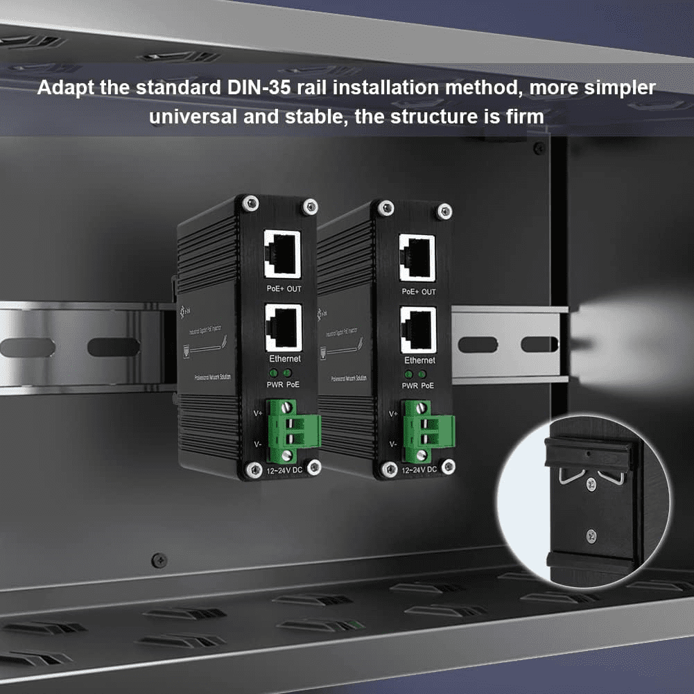 Industrial Gigabit Passive PoE Injector Hardened POE Adapter with 12-24V DC Input 24V PoE Output DIN- Rail/Wall Mount